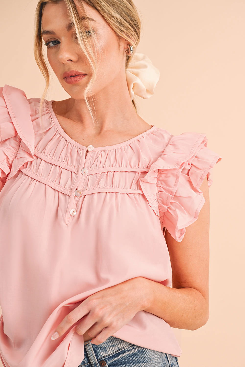 Peach Blossom Button Neck Smocked Layered Ruffle Blouse - Vesteeto