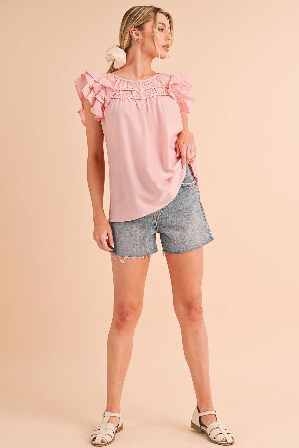 Peach Blossom Button Neck Smocked Layered Ruffle Blouse - Vesteeto