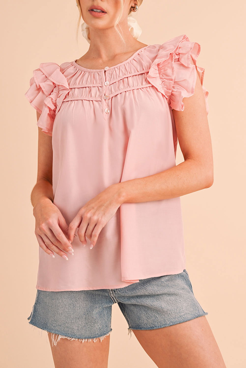 Peach Blossom Button Neck Smocked Layered Ruffle Blouse - Vesteeto