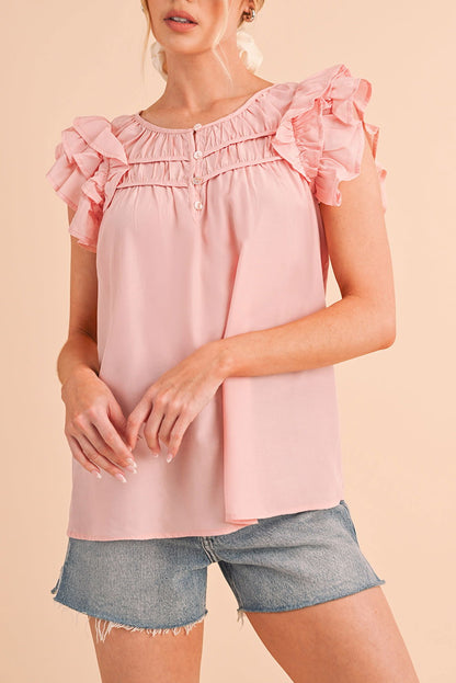 Peach Blossom Button Neck Smocked Layered Ruffle Blouse - Vesteeto