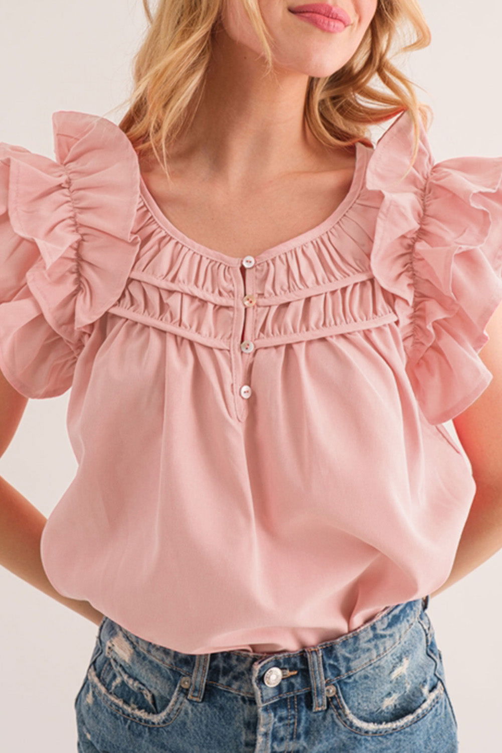 Peach Blossom Button Neck Smocked Layered Ruffle Blouse - Vesteeto