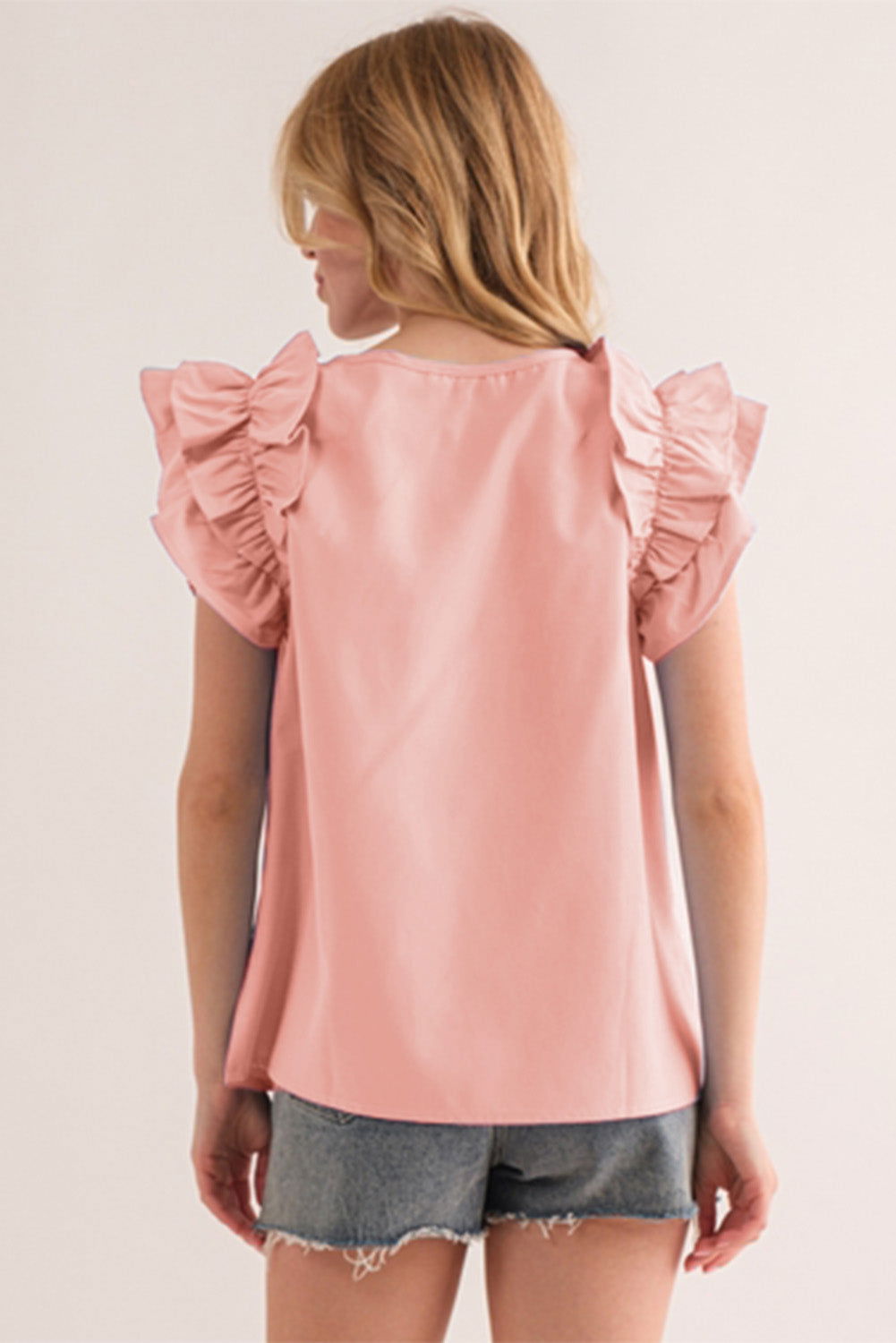 Peach Blossom Button Neck Smocked Layered Ruffle Blouse - Vesteeto