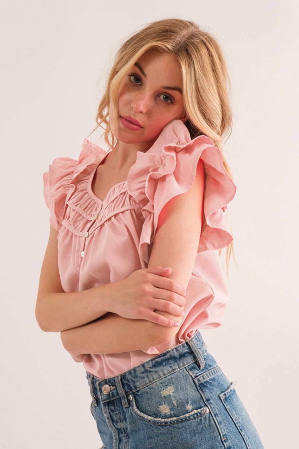 Peach Blossom Button Neck Smocked Layered Ruffle Blouse - Vesteeto