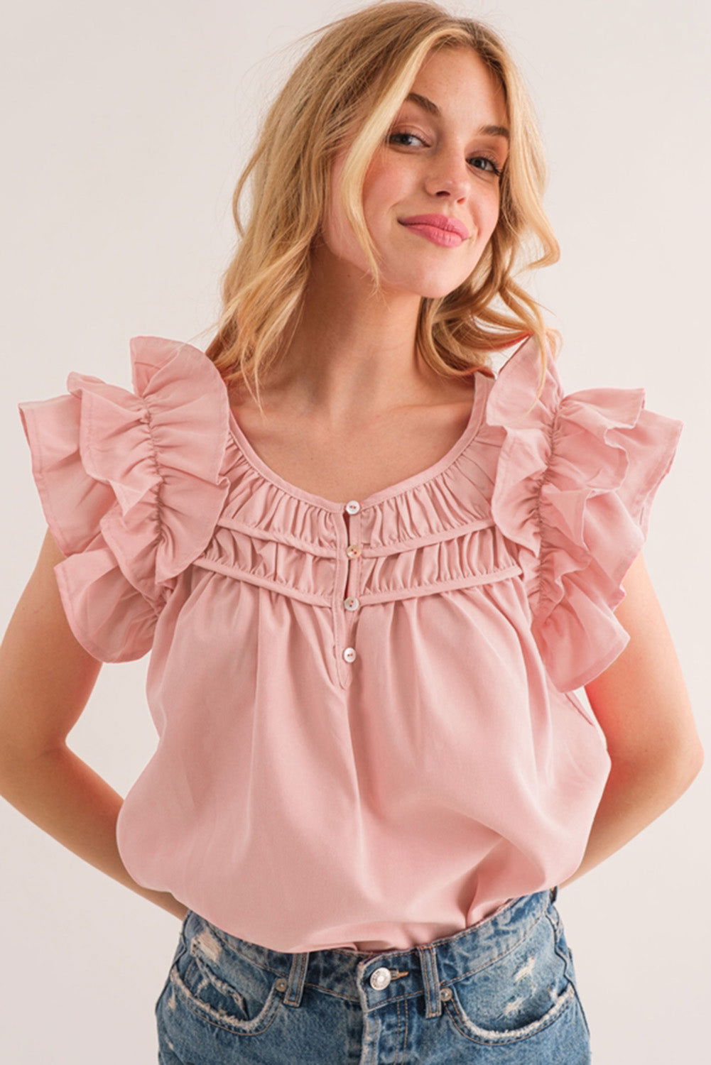 Peach Blossom Button Neck Smocked Layered Ruffle Blouse - Vesteeto