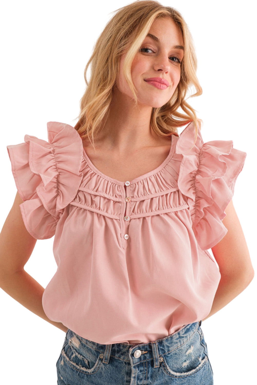 Peach Blossom Button Neck Smocked Layered Ruffle Blouse - Vesteeto