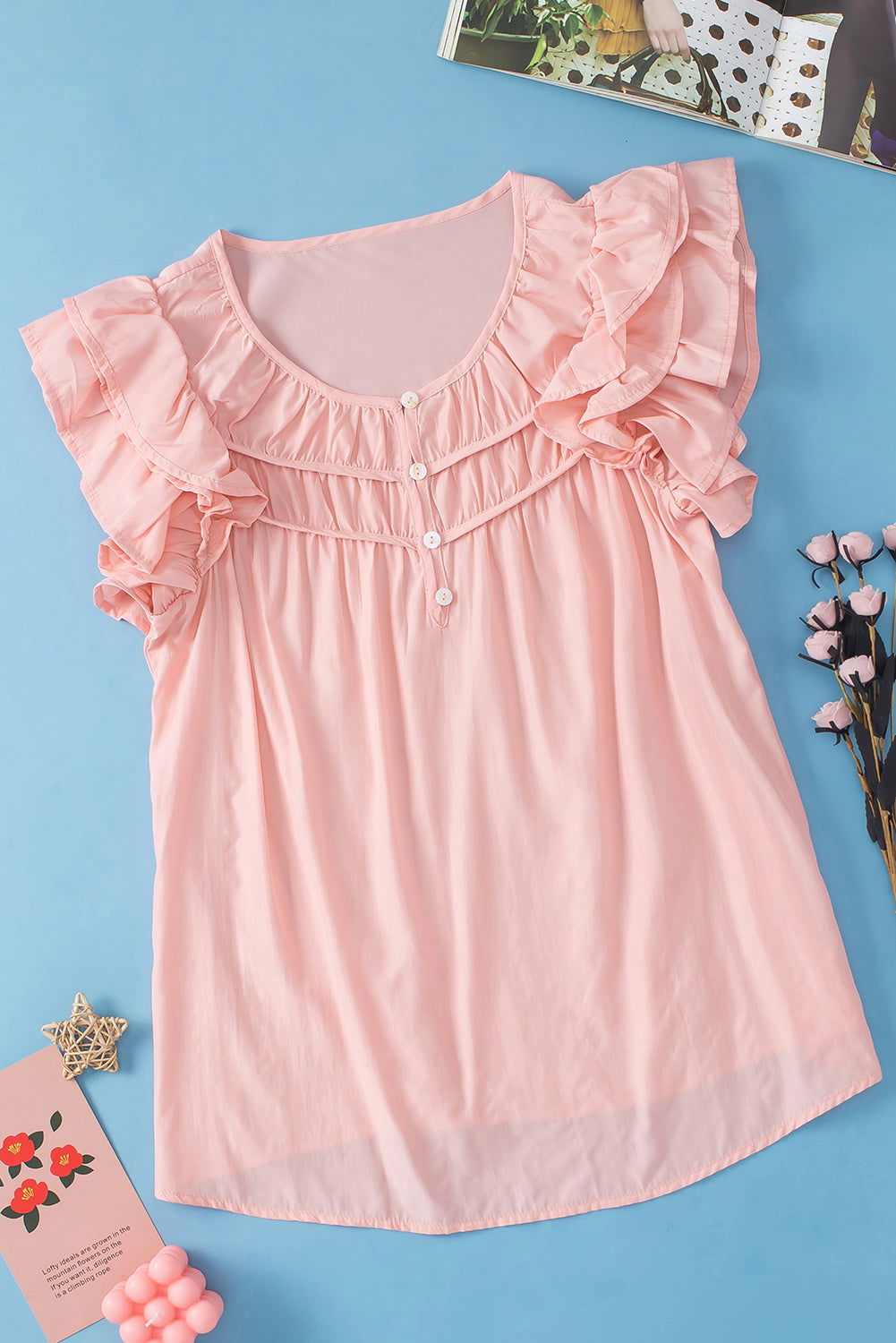 Peach Blossom Button Neck Smocked Layered Ruffle Blouse - Vesteeto