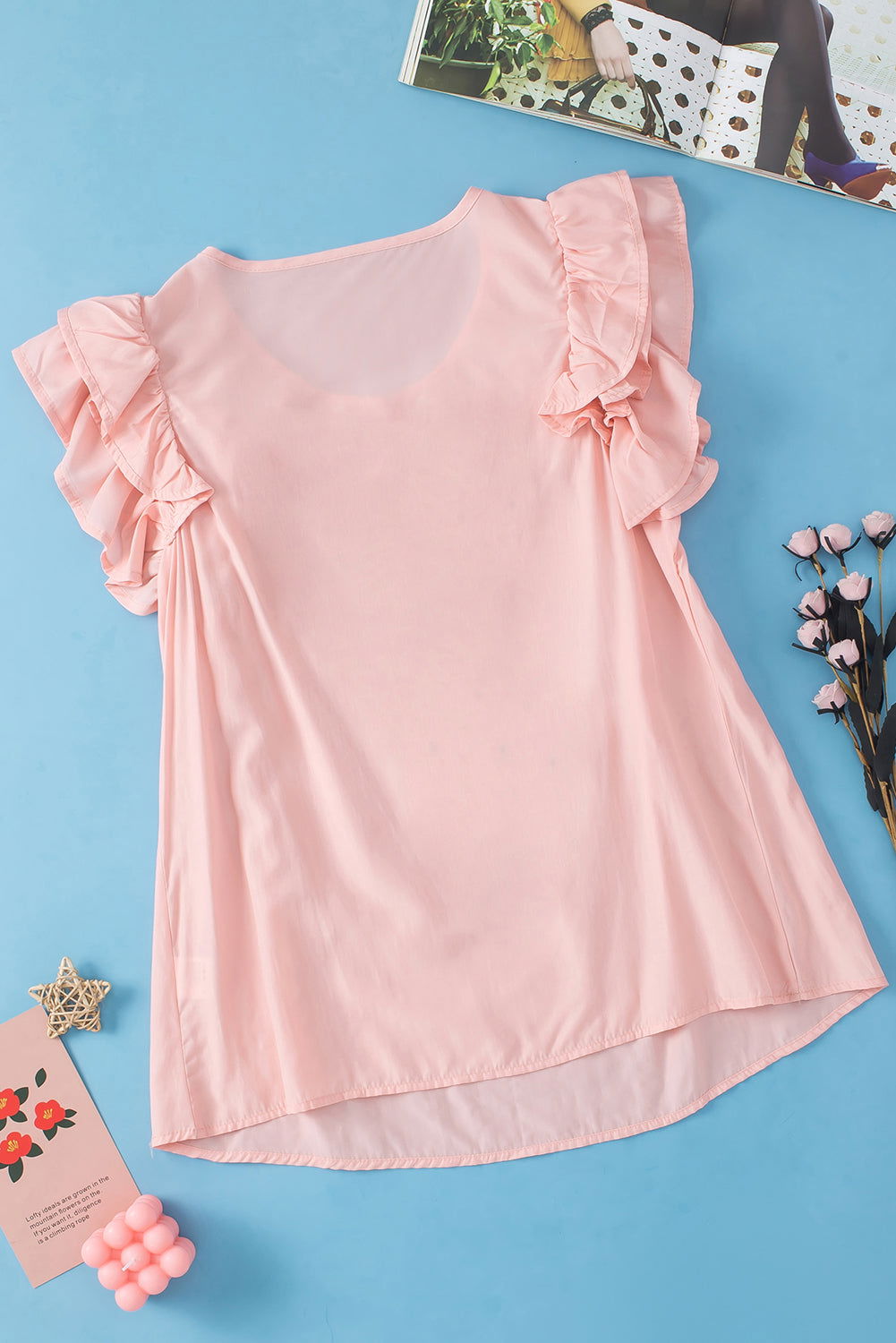 Peach Blossom Button Neck Smocked Layered Ruffle Blouse - Vesteeto