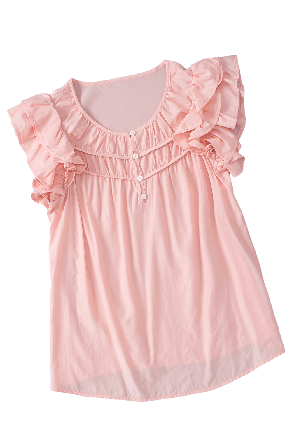 Peach Blossom Button Neck Smocked Layered Ruffle Blouse - Vesteeto