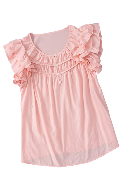 Peach Blossom Button Neck Smocked Layered Ruffle Blouse - Vesteeto