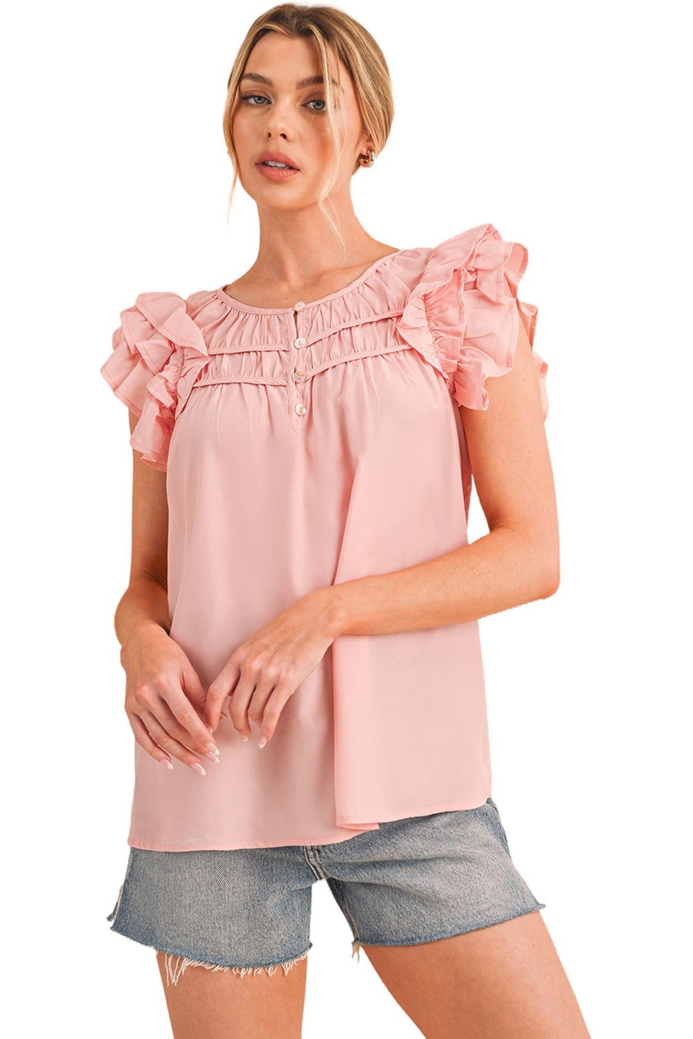 Peach Blossom Button Neck Smocked Layered Ruffle Blouse - Vesteeto