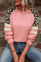 Peach Blossom Leopard Print Patchwork Raglan Sleeve Sweatshirt - Vesteeto