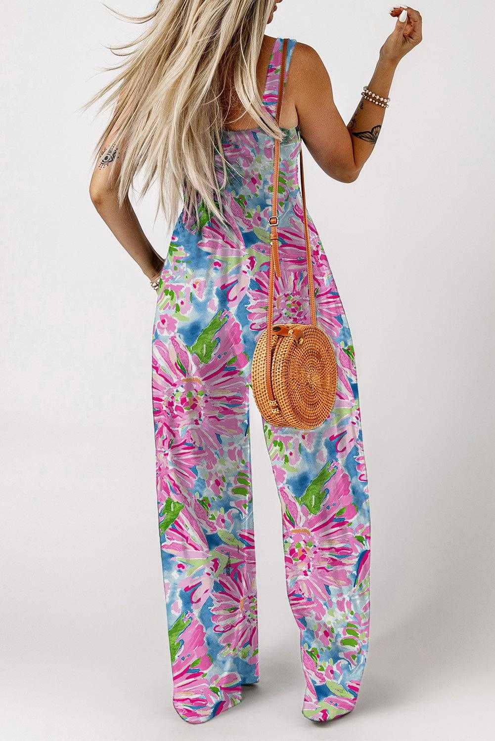 Pink Abstract Floral Painting Smocked Wide Leg Jumpsuit - Vesteeto