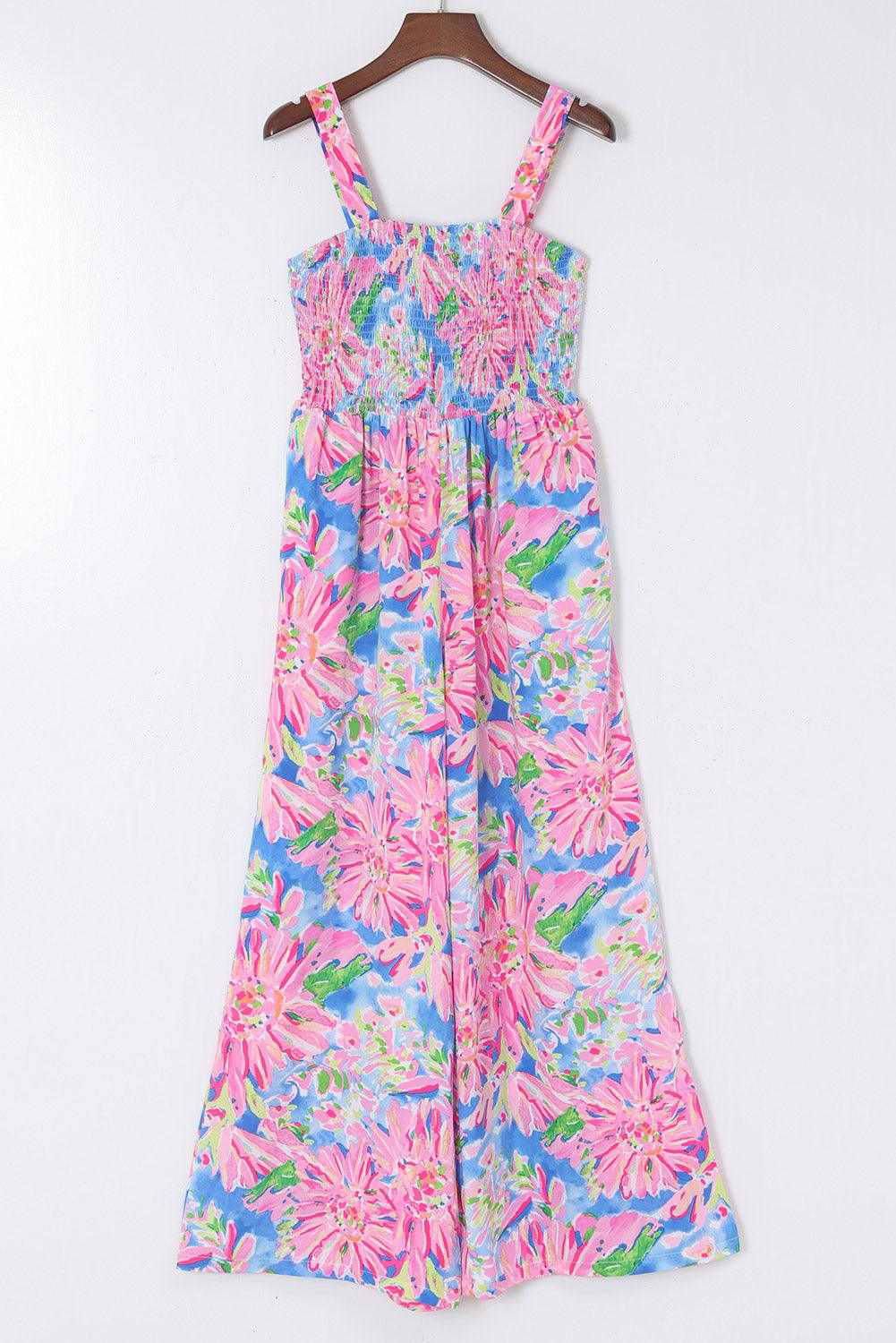 Pink Abstract Floral Painting Smocked Wide Leg Jumpsuit - Vesteeto