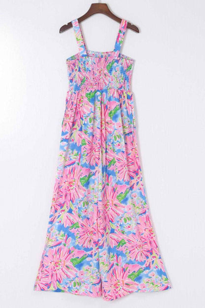 Pink Abstract Floral Painting Smocked Wide Leg Jumpsuit - Vesteeto