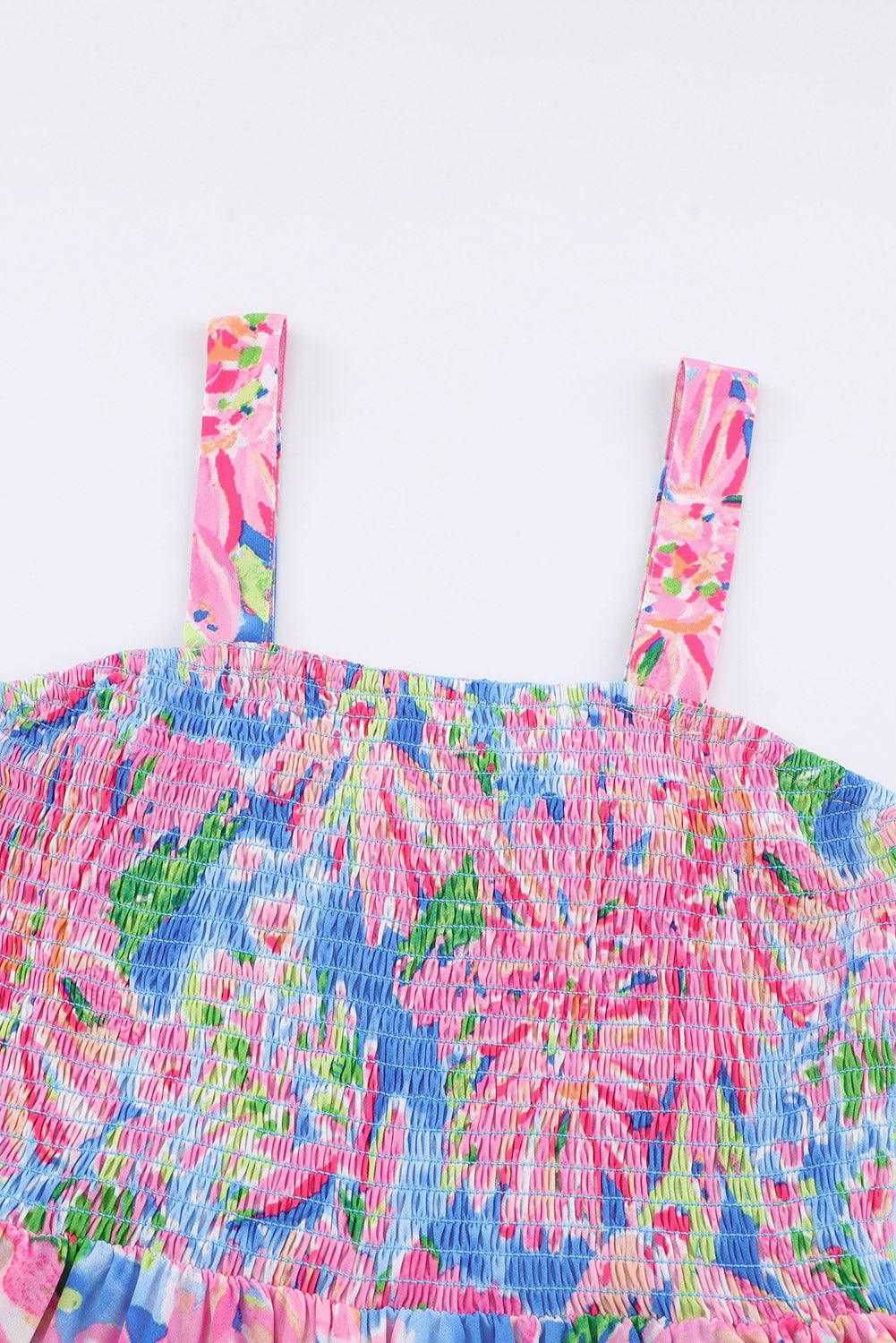 Pink Abstract Floral Painting Smocked Wide Leg Jumpsuit - Vesteeto