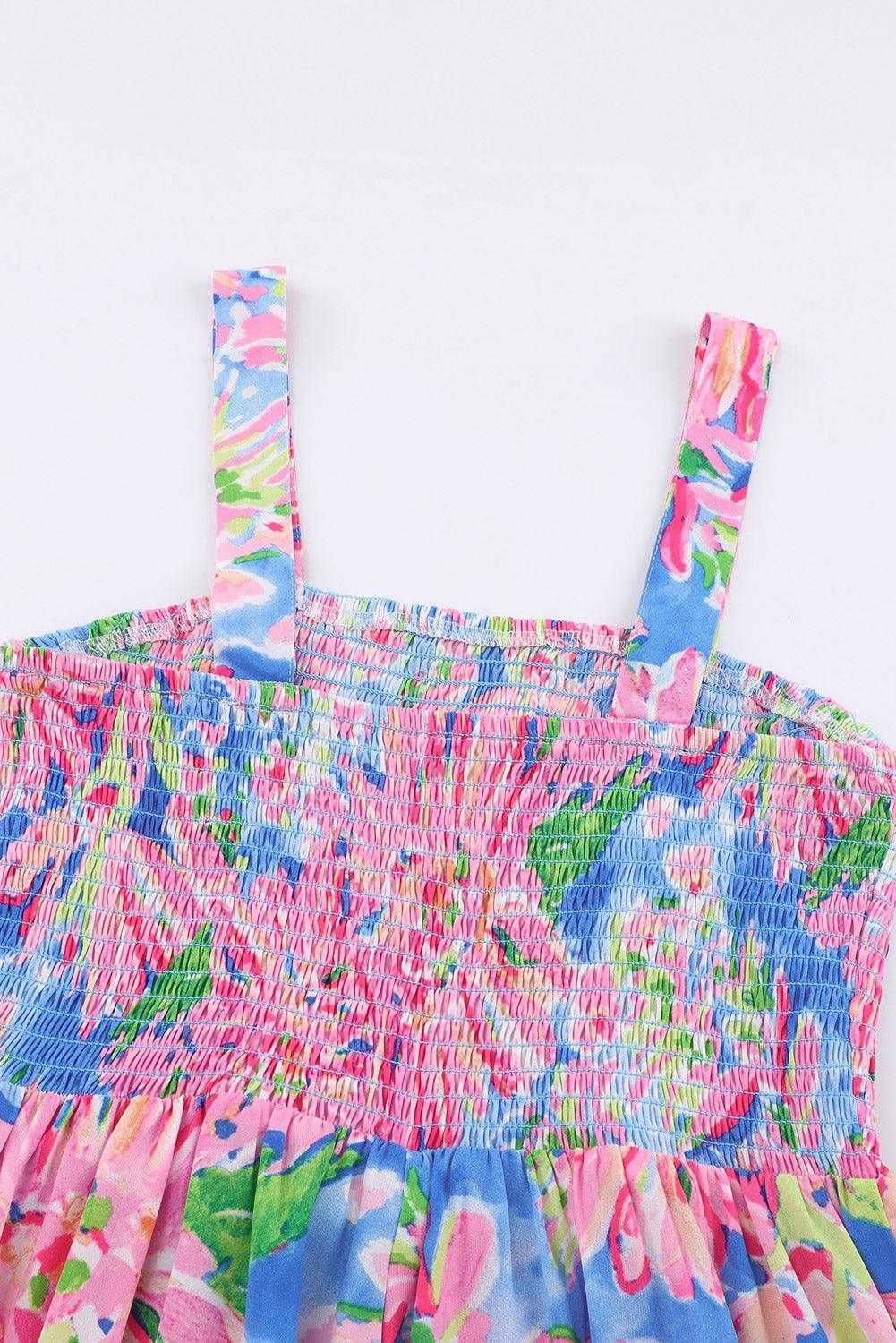 Pink Abstract Floral Painting Smocked Wide Leg Jumpsuit - Vesteeto