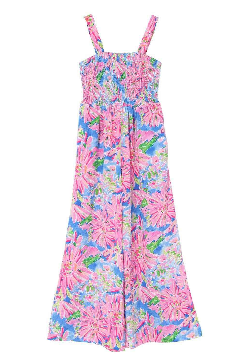 Pink Abstract Floral Painting Smocked Wide Leg Jumpsuit - Vesteeto