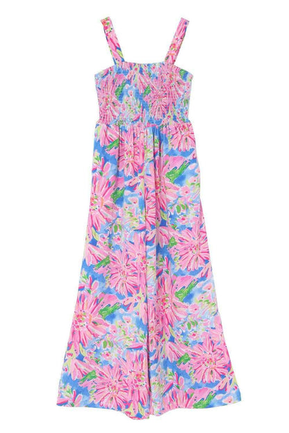 Pink Abstract Floral Painting Smocked Wide Leg Jumpsuit - Vesteeto