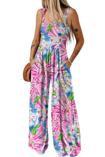 Pink Abstract Floral Painting Smocked Wide Leg Jumpsuit - Vesteeto