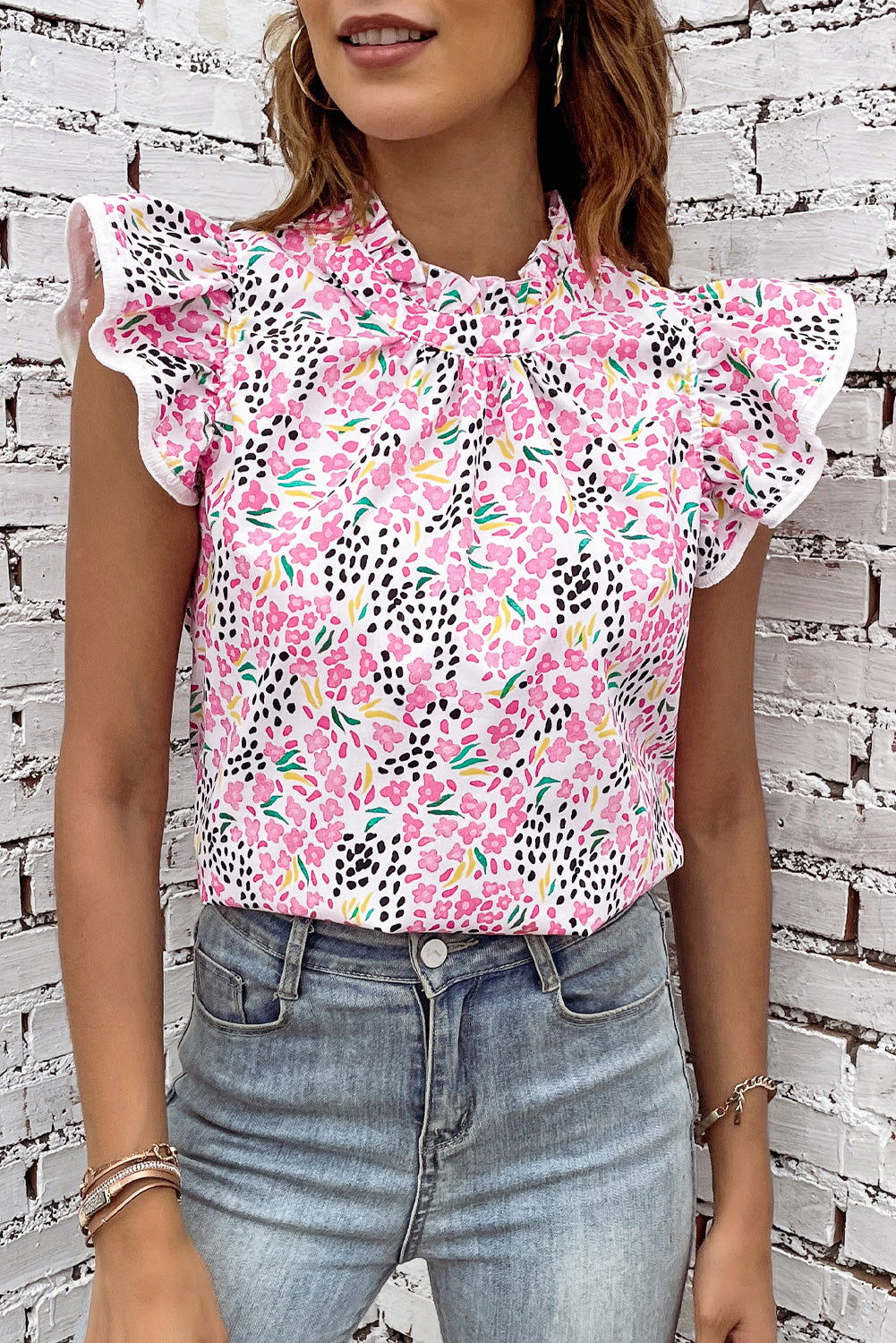 Pink Abstract Floral Print Flutter Sleeves Top - Vesteeto