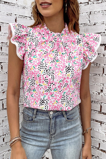 Pink Abstract Floral Print Flutter Sleeves Top - Vesteeto