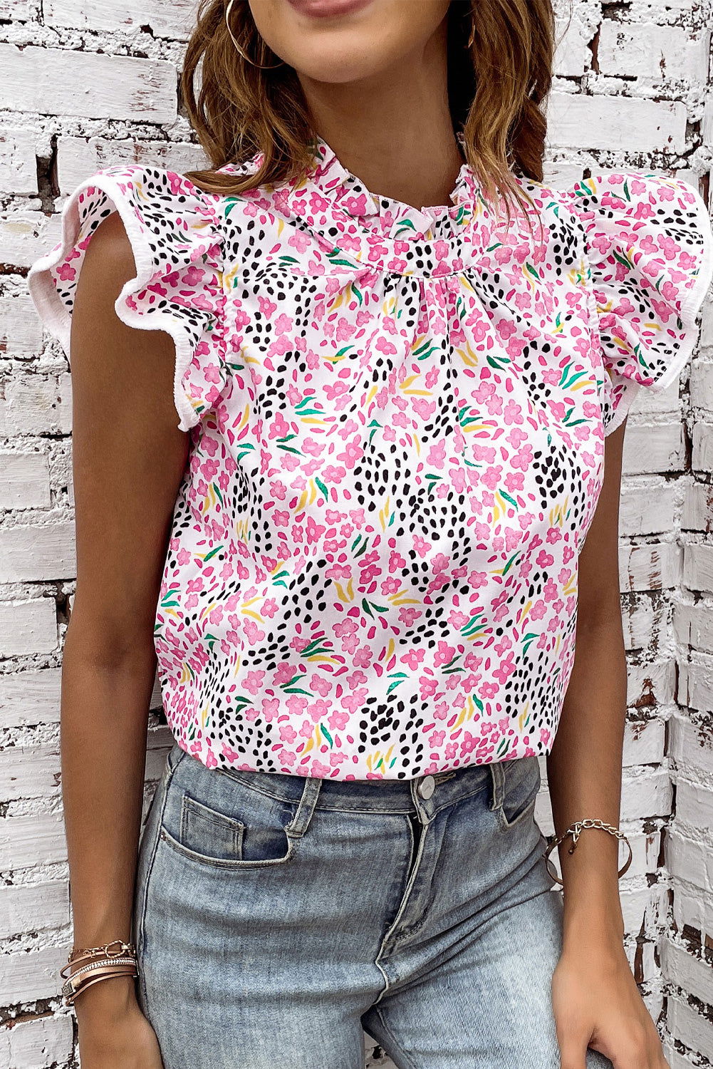 Pink Abstract Floral Print Flutter Sleeves Top - Vesteeto