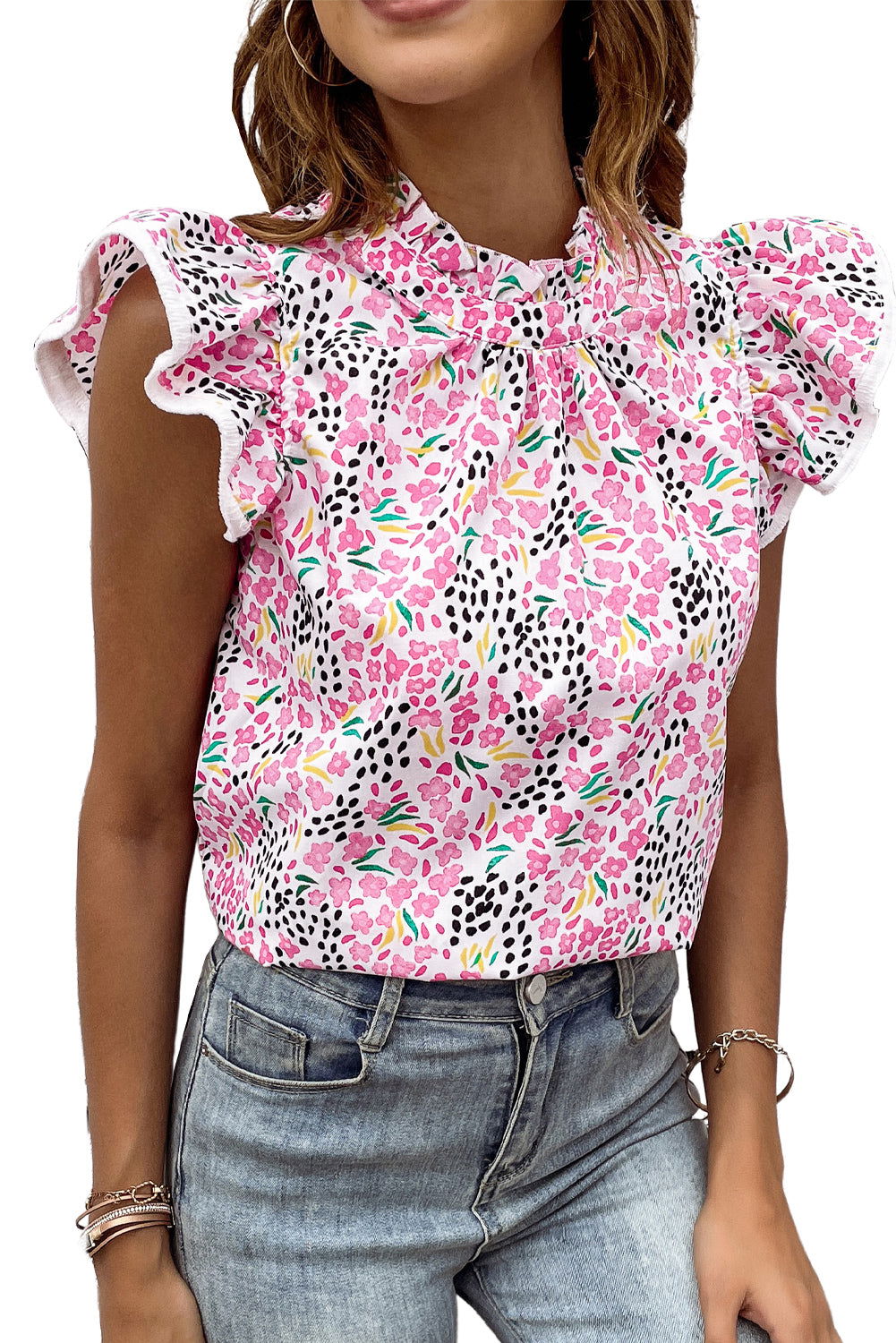 Pink Abstract Floral Print Flutter Sleeves Top - Vesteeto