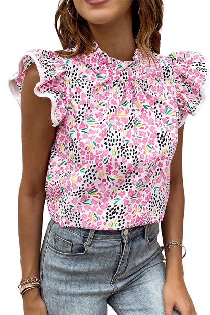 Pink Abstract Floral Print Flutter Sleeves Top - Vesteeto