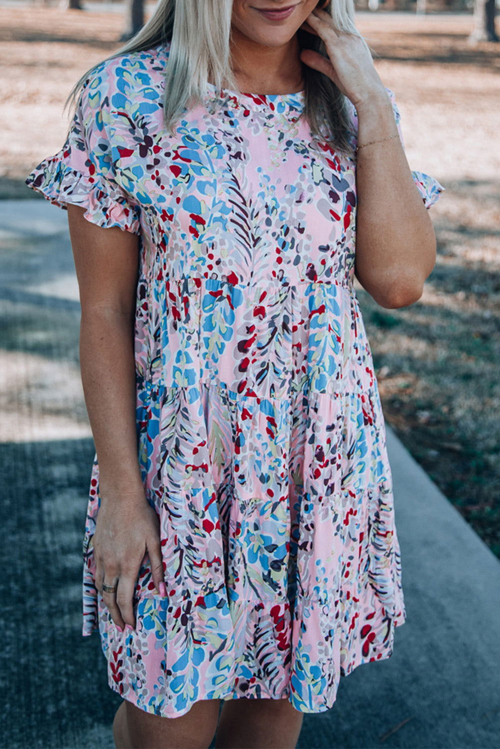 Pink Abstract Print Boho Tiered Ruffled Short Dress - Vesteeto