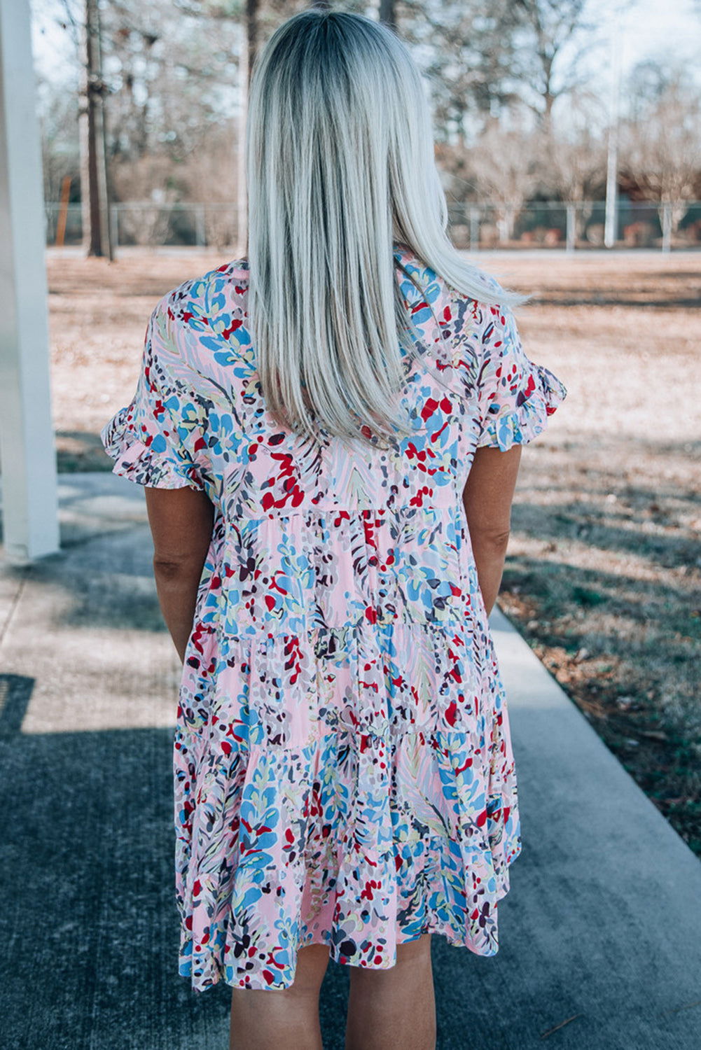 Pink Abstract Print Boho Tiered Ruffled Short Dress - Vesteeto