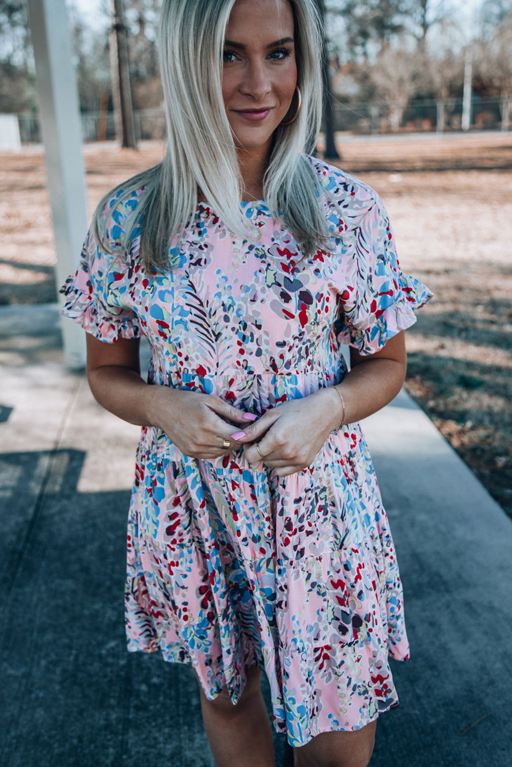 Pink Abstract Print Boho Tiered Ruffled Short Dress - Vesteeto