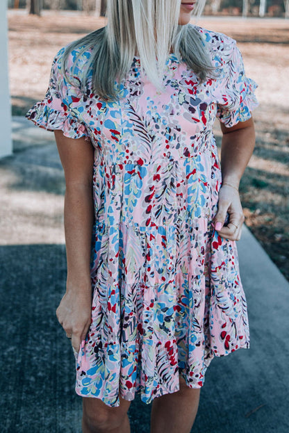 Pink Abstract Print Boho Tiered Ruffled Short Dress - Vesteeto