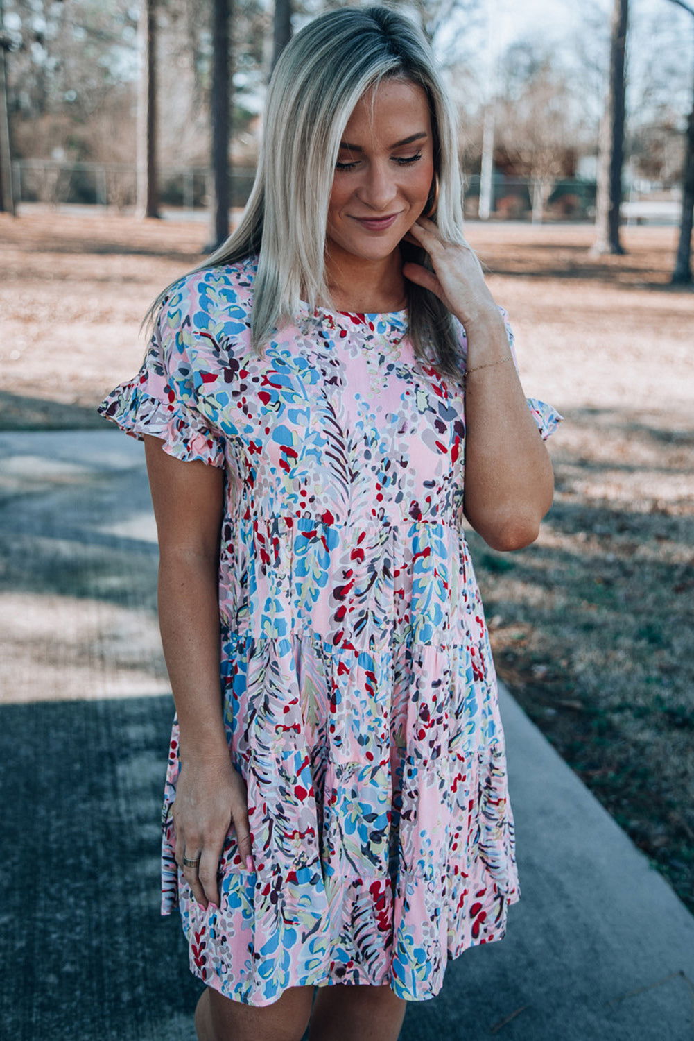 Pink Abstract Print Boho Tiered Ruffled Short Dress - Vesteeto