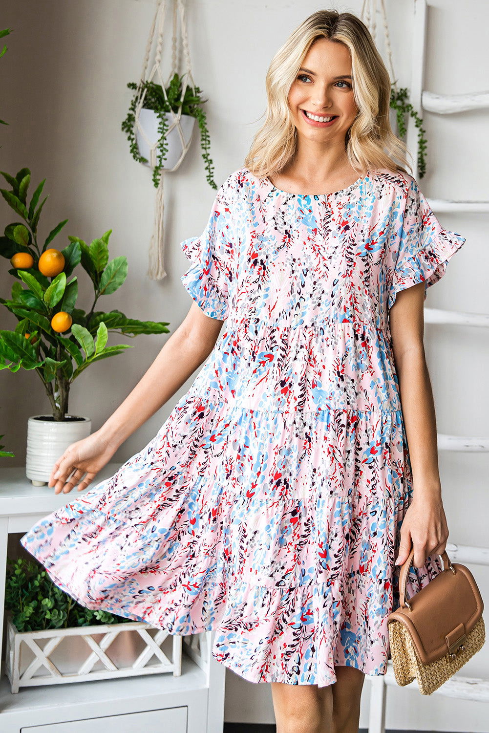 Pink Abstract Print Boho Tiered Ruffled Short Dress - Vesteeto