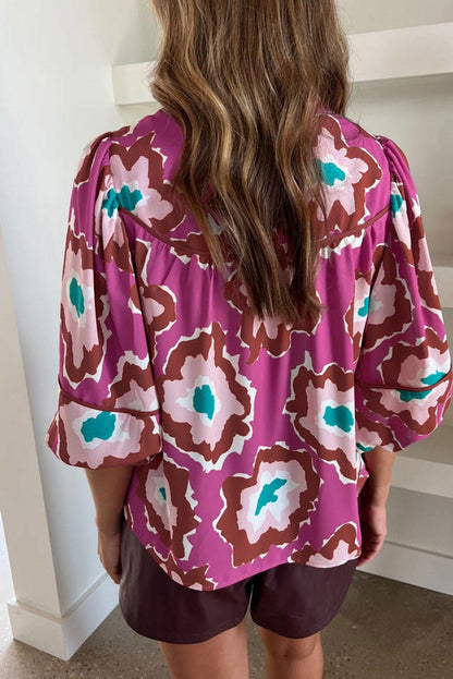 Pink Abstract Print Bubble Sleeve Notch V Neck Blouse - Vesteeto