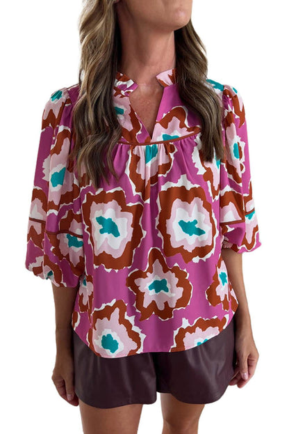 Pink Abstract Print Bubble Sleeve Notch V Neck Blouse - Vesteeto