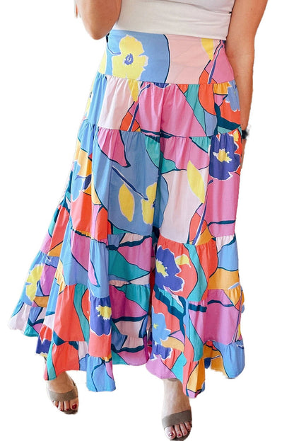 Pink Abstract Print Pocketed High Waist Maxi Skirt - Vesteeto