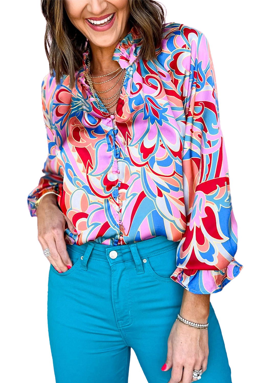 Pink Abstract Print Tie Frill Neck Long Sleeve Shirt - Vesteeto