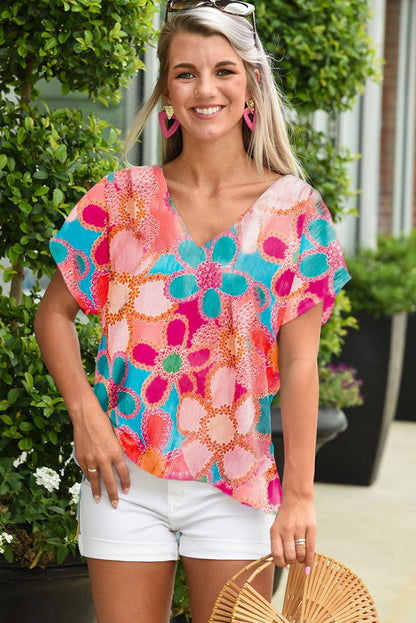 Pink Abstract Print V Neck Short Sleeve Dolman Blouse - Vesteeto