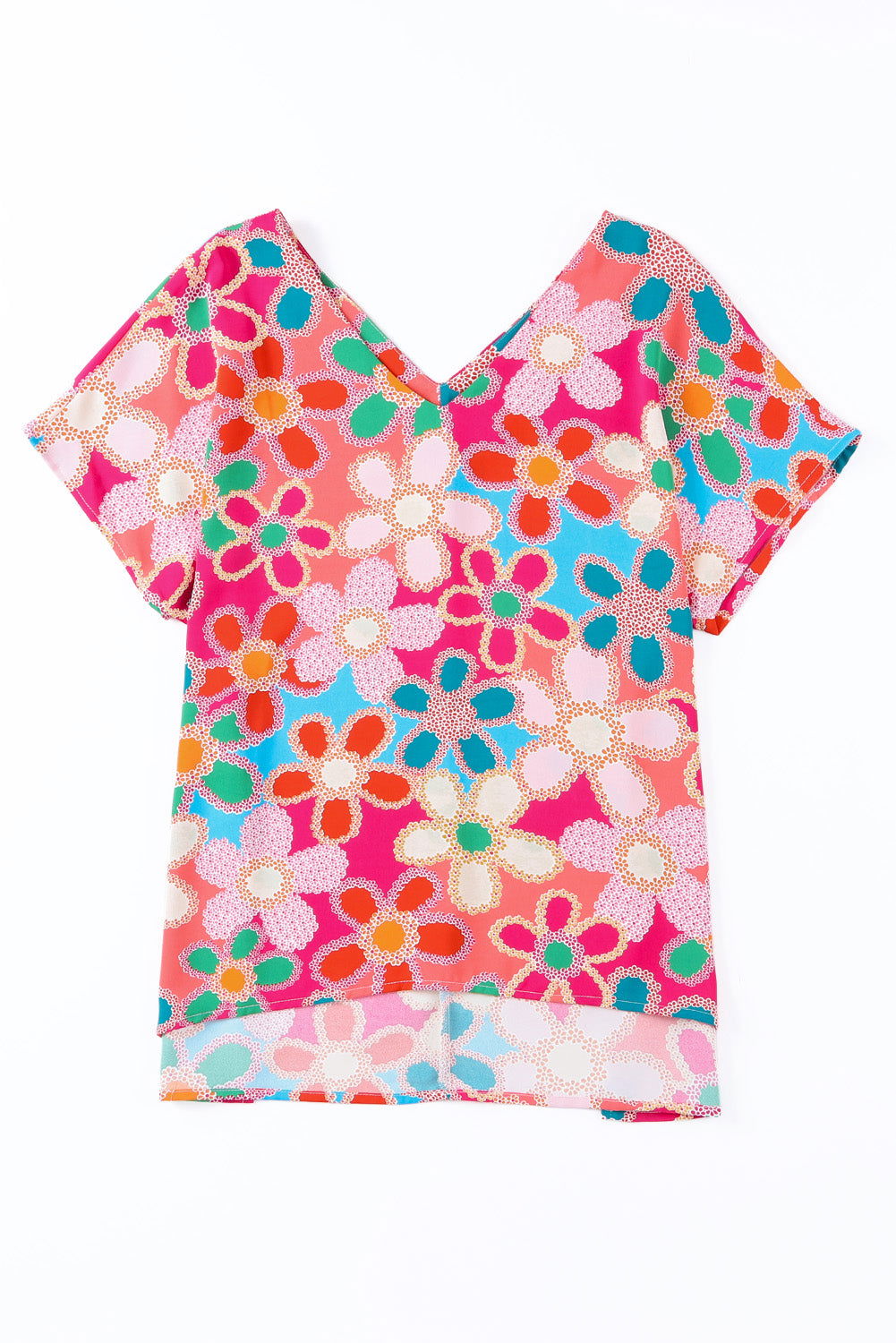 Pink Abstract Print V Neck Short Sleeve Dolman Blouse - Vesteeto