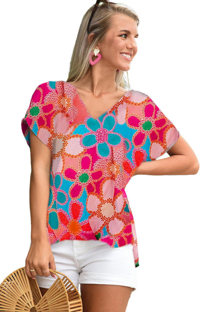 Pink Abstract Print V Neck Short Sleeve Dolman Blouse - Vesteeto