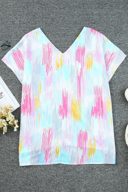 Pink Abstract Print V Neck Short Sleeve Dolman Blouse - Vesteeto