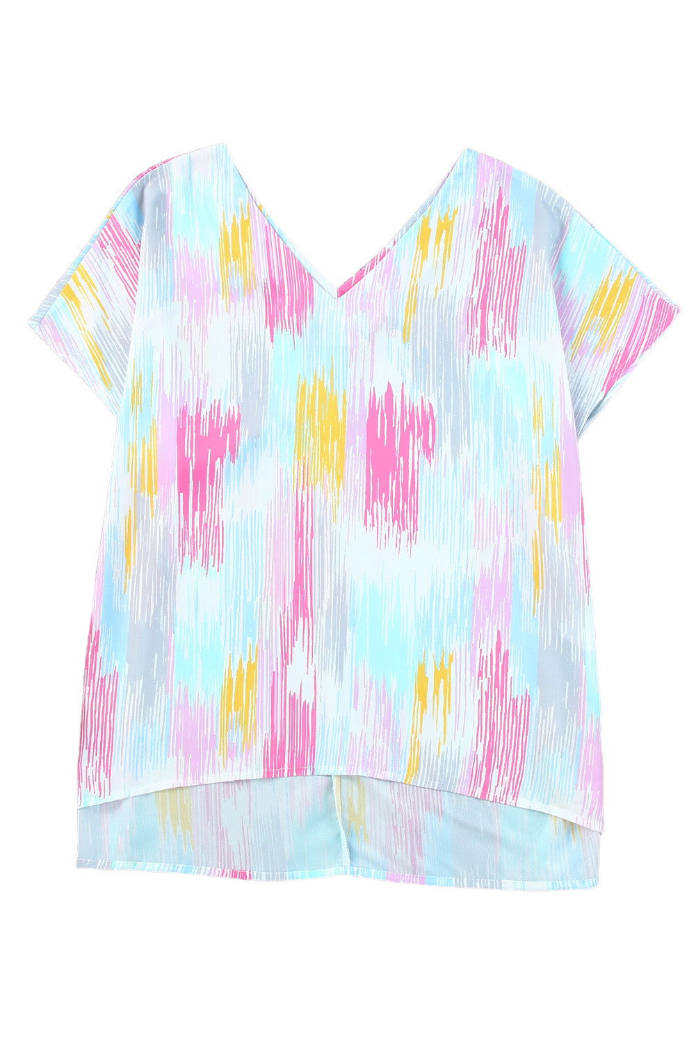 Pink Abstract Print V Neck Short Sleeve Dolman Blouse - Vesteeto