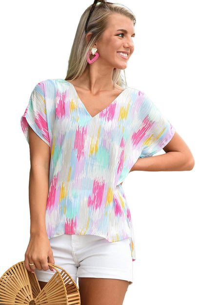 Pink Abstract Print V Neck Short Sleeve Dolman Blouse - Vesteeto