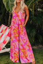 Pink Abstract Print V Neck Slouchy Wide Leg Jumpsuit - Vesteeto