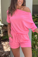 Pink Asymmetrical Short Sleeves Drawstring Pocket Romper - Vesteeto