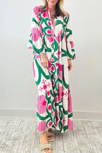 Pink Boho Abstract Button V Neck Oversized Maxi Dress - Vesteeto