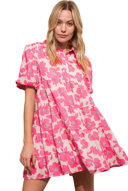 Pink Boho Floral Lantern Sleeve Flared Mini Dress - Vesteeto