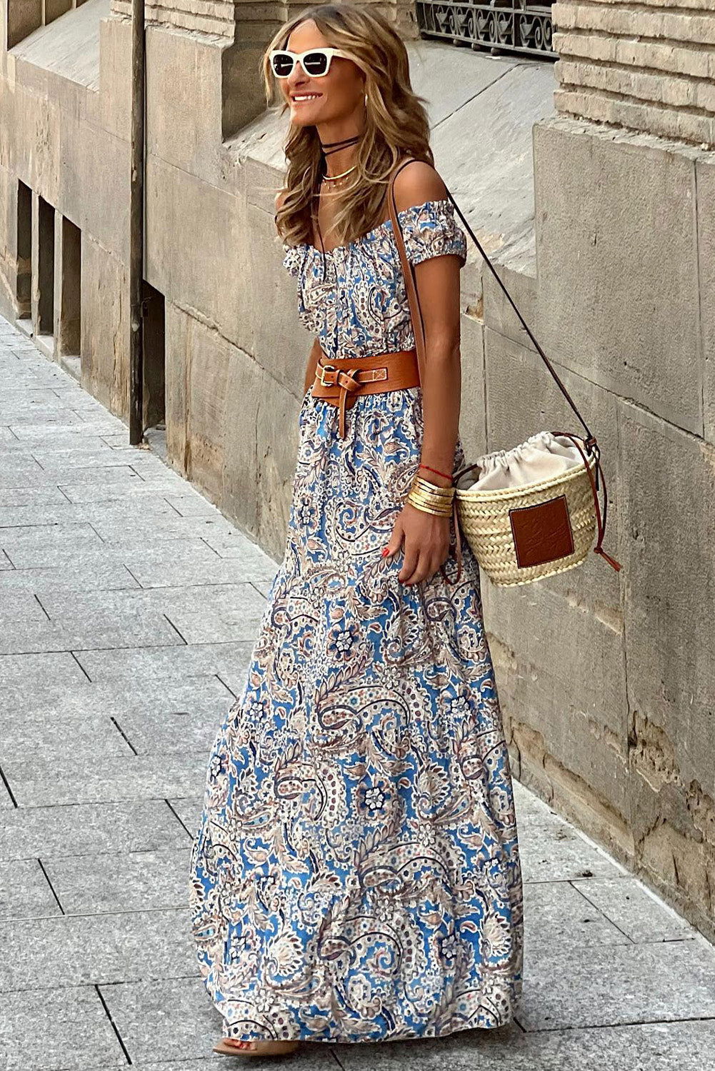 Pink Boho Paisley Print Off Shoulder Maxi Dress - Vesteeto