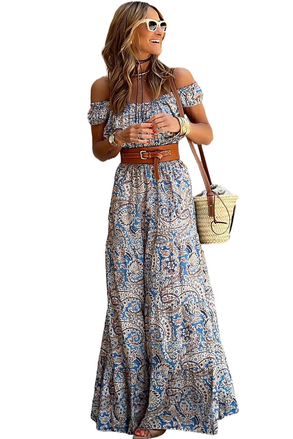 Pink Boho Paisley Print Off Shoulder Maxi Dress - Vesteeto